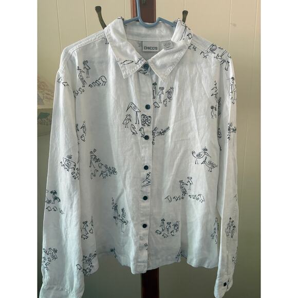 Chicos Tops - Chico’s White Button Up w/black line Drawings Size 2